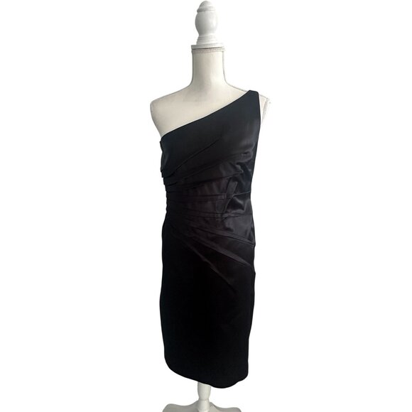 DAVID MEISTER Black Satin One Shoulder Cocktail Dress Size 8 - Picture 11 of 11